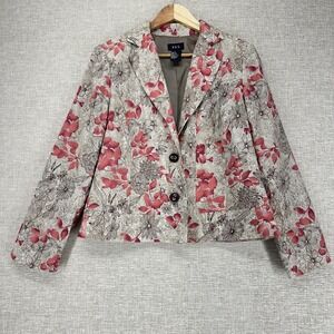 RQT Blazer Jacket Women 12 Beige Pink/Red Floral Linen Cotton Lined Button Front